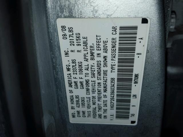 1HGCP26439A034358 - 2009 HONDA ACCORD LXP SILVER photo 10