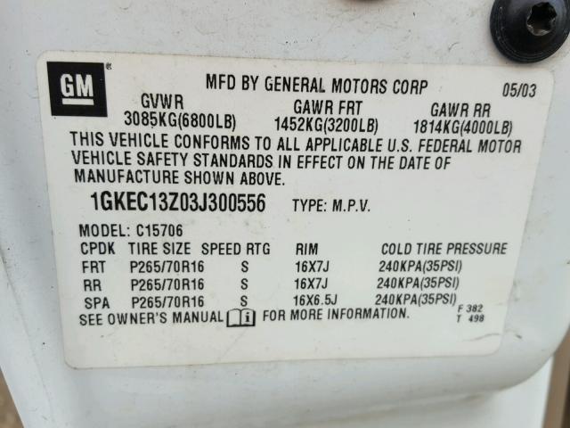 1GKEC13Z03J300556 - 2003 GMC YUKON WHITE photo 10