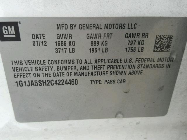 1G1JA5SH2C4224460 - 2012 CHEVROLET SONIC LS 白色 照片 10