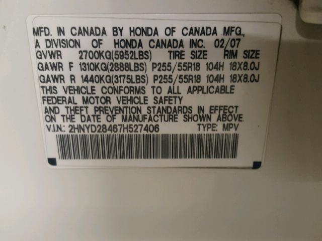 2HNYD28467H527406 - 2007 ACURA MDX TECHNO WHITE photo 10