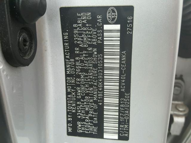 4T1BE46K49U310535 - 2009 TOYOTA CAMRY BASE SILVER photo 10