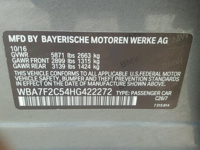 WBA7F2C54HG422272 - 2017 BMW 750 XI GRAY photo 10