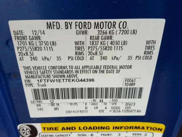 1FTFW1ET7EKG44396 - 2014 FORD F150 SUPER BLUE photo 10