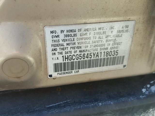 1HGCG5645YA118035 - 2000 HONDA ACCORD LX GOLD photo 10