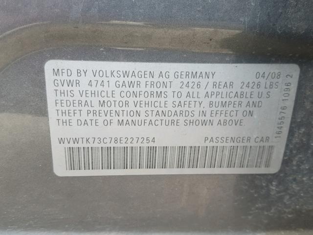 WVWTK73C78E227254 - 2008 VOLKSWAGEN PASSAT WAG GRAY photo 10