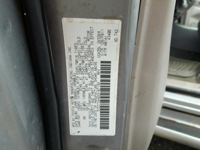 5TDZT34A82S107199 - 2002 TOYOTA SEQUOIA SR SILVER photo 10