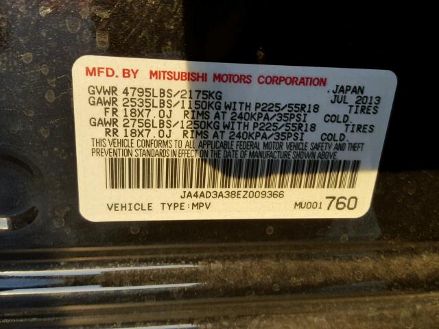 JA4AD3A38EZ009366 - 2014 MITSUBISHI OUTLANDER BLACK photo 10