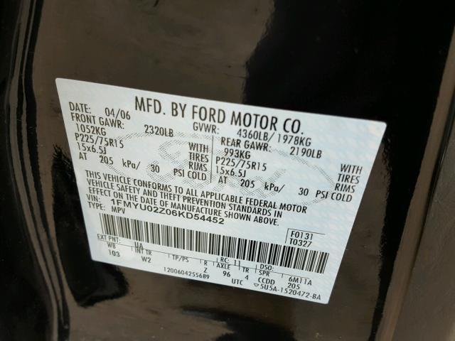 1FMYU02Z06KD54452 - 2006 FORD ESCAPE XLS BLACK photo 10