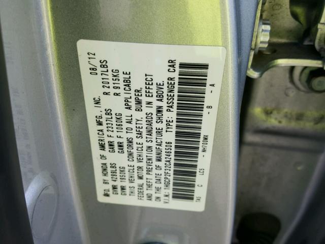 1HGCP2F32CA246506 - 2012 HONDA ACCORD LX SILVER photo 10