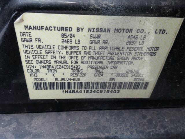 1N4BA41E24C915403 - 2004 NISSAN MAXIMA SE BLACK photo 10