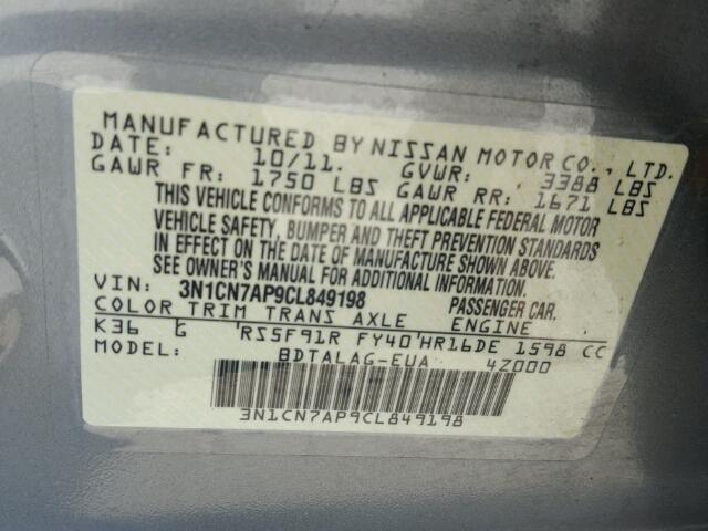 3N1CN7AP9CL849198 - 2012 NISSAN VERSA S GRAY photo 10