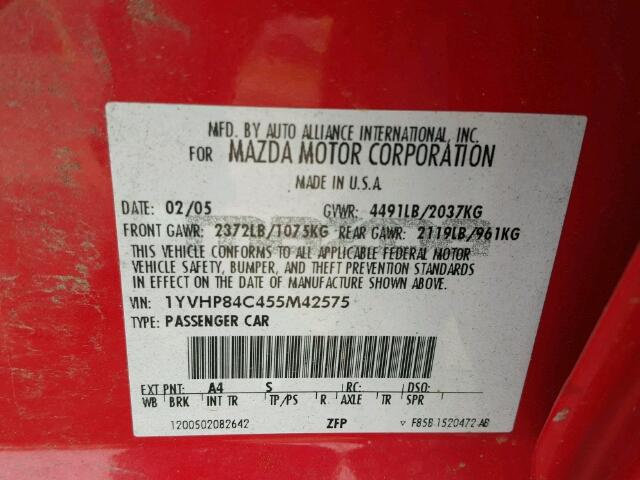 1YVHP84C455M42575 - 2005 MAZDA MAZDA6I RED photo 10