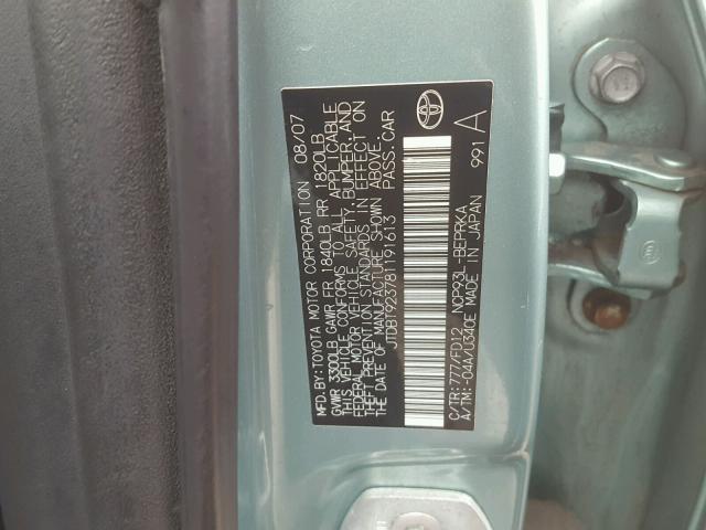 JTDBT923781191613 - 2008 TOYOTA YARIS TEAL photo 10