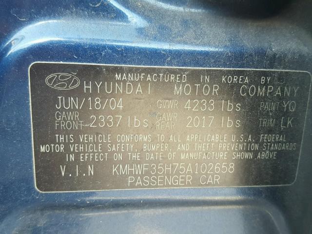 KMHWF35H75A102658 - 2005 HYUNDAI SONATA GLS BLUE photo 10