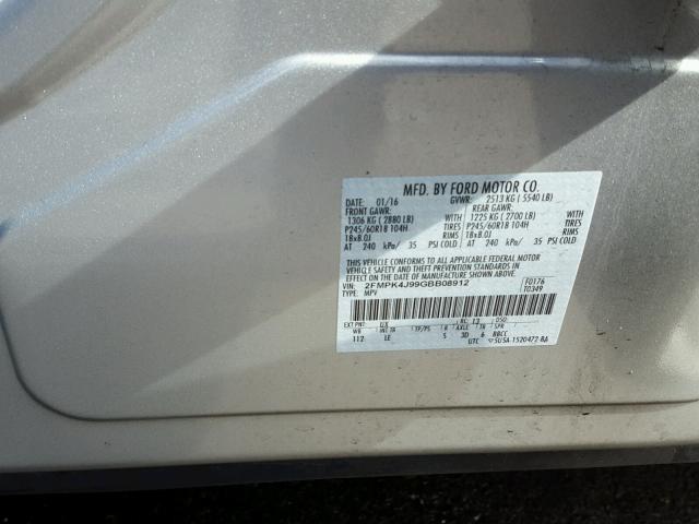 2FMPK4J99GBB08912 - 2016 FORD EDGE SEL SILVER photo 10