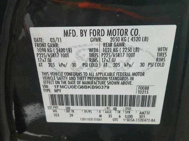 1FMCU0EG8BKB90379 - 2011 FORD ESCAPE LIM BLACK photo 10