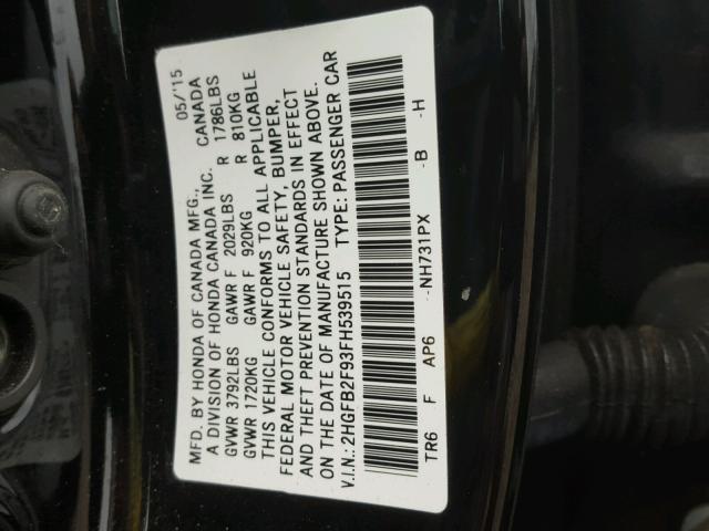 2HGFB2F93FH539515 - 2015 HONDA CIVIC EXL 黑色 照片 10