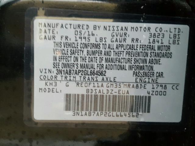 3N1AB7AP2GL664562 - 2016 NISSAN SENTRA S BLACK photo 10