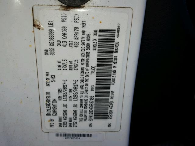 3D7KU28D43G837498 - 2003 DODGE RAM 2500 S Ağ foto 10