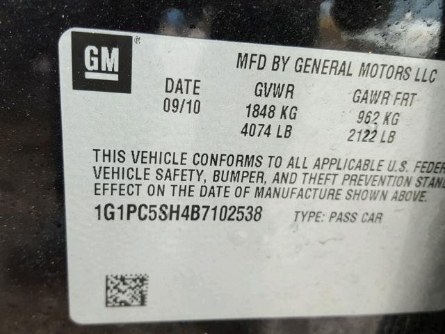 1G1PC5SH4B7102538 - 2011 CHEVROLET CRUZE LS BLACK photo 10