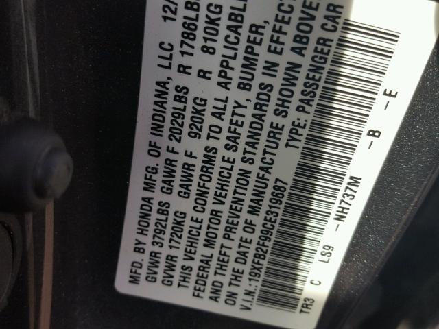 19XFB2F99CE319687 - 2012 HONDA CIVIC EXL GRAY photo 10