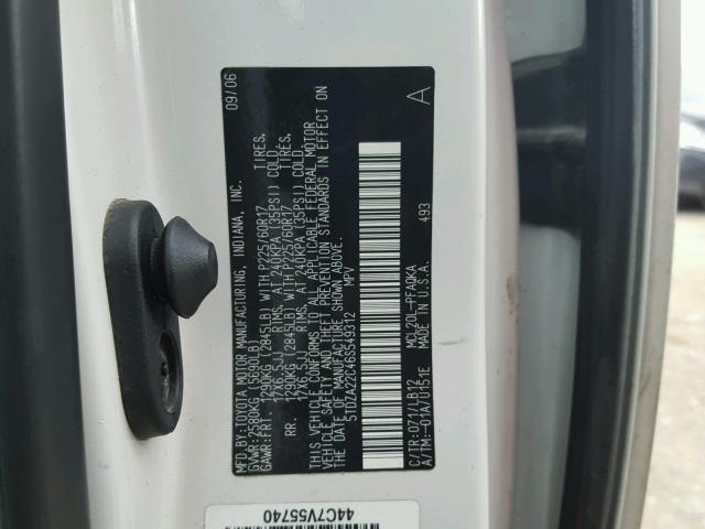 5TDZA22C46S549312 - 2006 TOYOTA SIENNA XLE WHITE photo 10