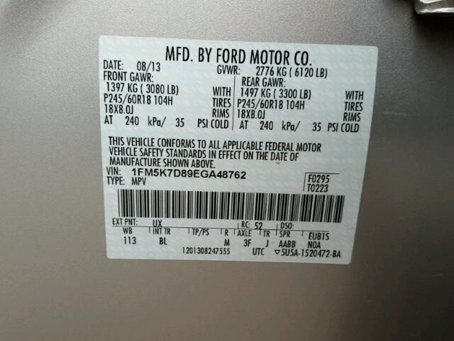 1FM5K7D89EGA48762 - 2014 FORD EXPLORER X SILVER photo 10