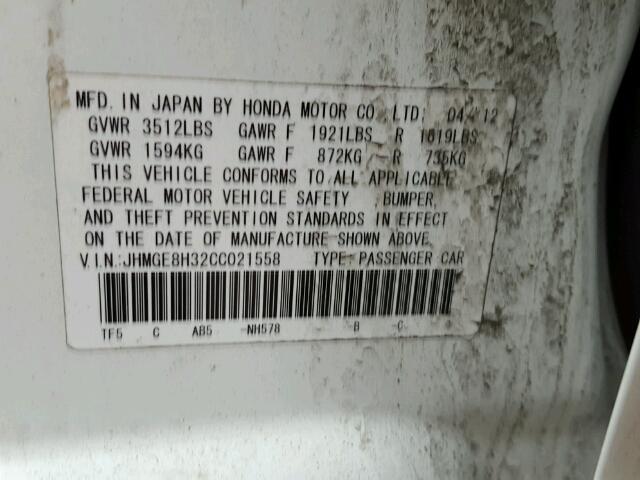 JHMGE8H32CC021558 - 2012 HONDA FIT WHITE photo 10