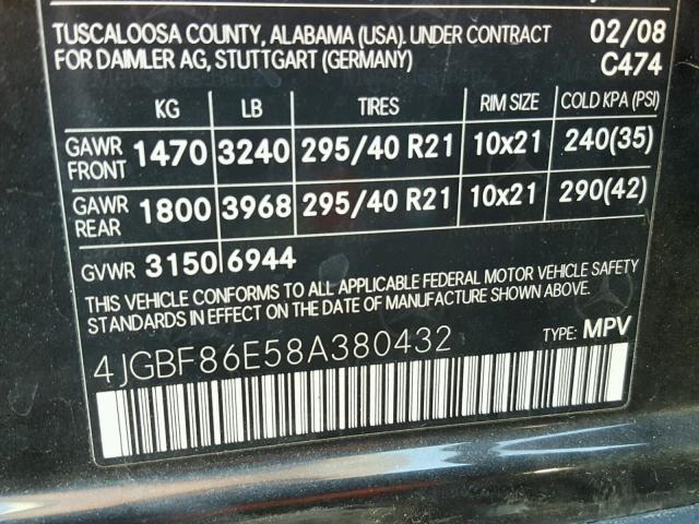 4JGBF86E58A380432 - 2008 MERCEDES-BENZ GL 550 4MA BLACK photo 10