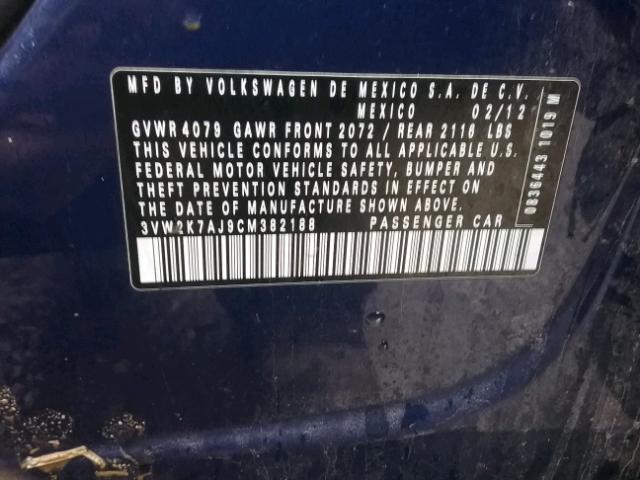 3VW2K7AJ9CM382188 - 2012 VOLKSWAGEN JETTA BASE 蓝色 照片 10