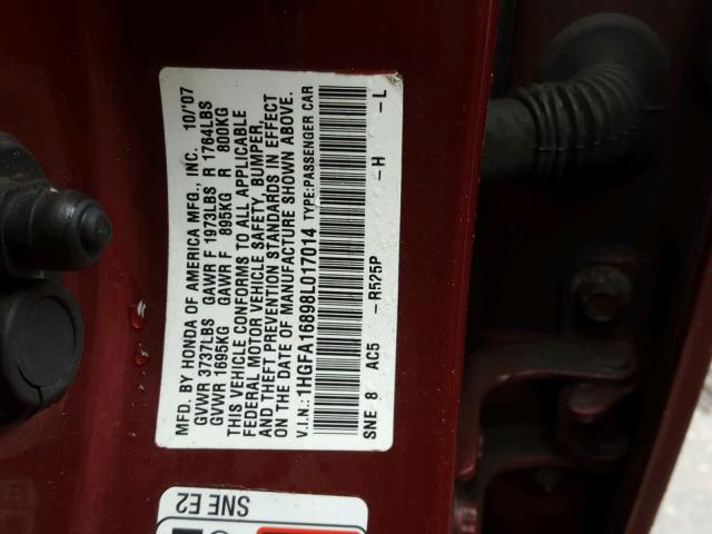 1HGFA16898L017014 - 2008 HONDA CIVIC EX ბურგუნდია ფოტო 10