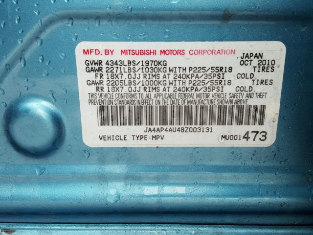 JA4AP4AU4BZ003131 - 2011 MITSUBISHI OUTLANDER BLUE photo 10