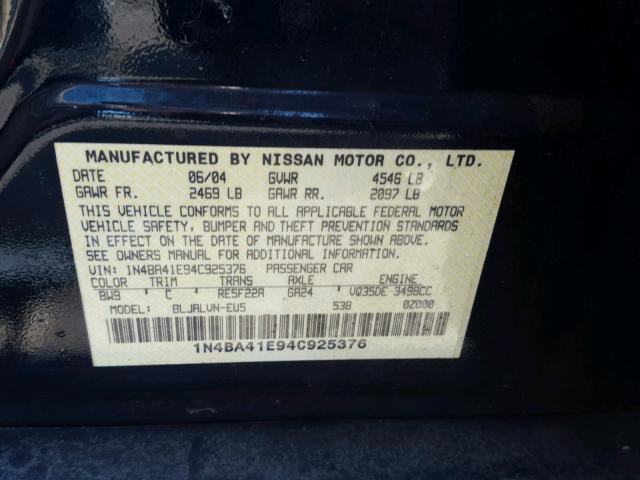 1N4BA41E94C925376 - 2004 NISSAN MAXIMA SE BLUE photo 10