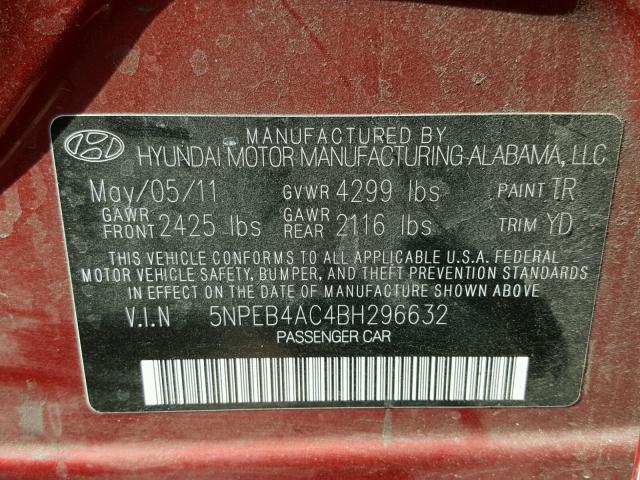 5NPEB4AC4BH296632 - 2011 HYUNDAI SONATA GLS RED photo 10