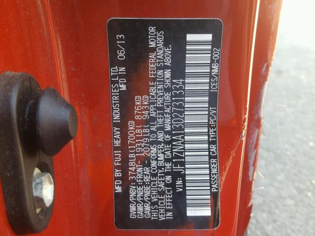 JF1ZNAA13D2731334 - 2013 TOYOTA SCION FR-S წითელი ფოტო 10