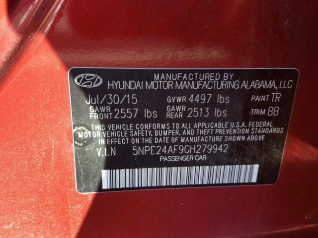 5NPE24AF9GH279942 - 2016 HYUNDAI SONATA SE RED photo 10