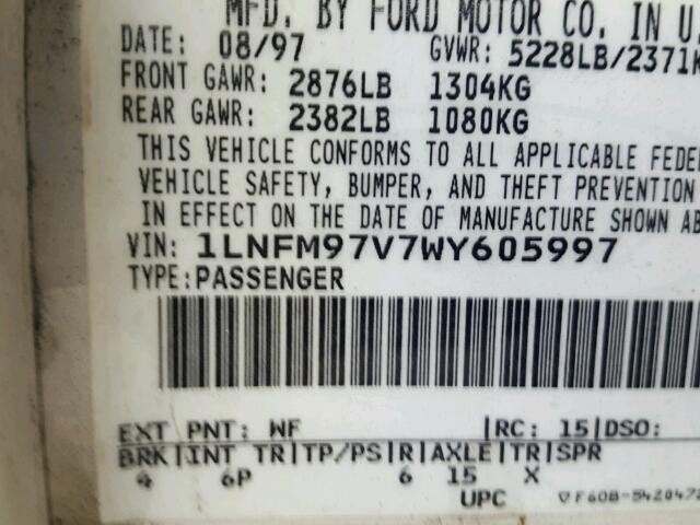 1LNFM97V7WY605997 - 1998 LINCOLN CONTINENTA WHITE photo 10