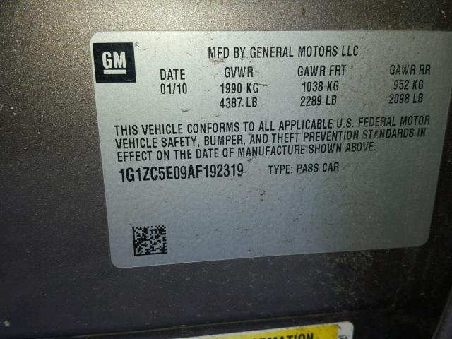 1G1ZC5E09AF192319 - 2010 CHEVROLET MALIBU 1LT 石墨色 照片 10