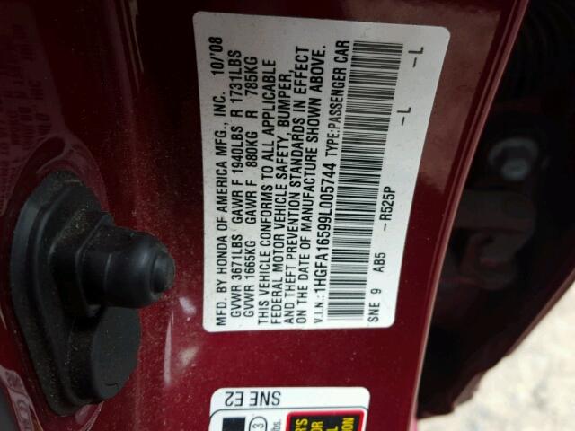 1HGFA16599L005744 - 2009 HONDA CIVIC LX BURGUNDY photo 10