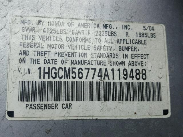 1HGCM56774A119488 - 2004 HONDA ACCORD EX SILVER photo 10