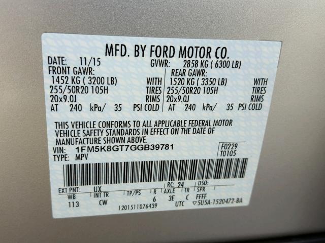 1FM5K8GT7GGB39781 - 2016 FORD EXPLORER S SILVER photo 10