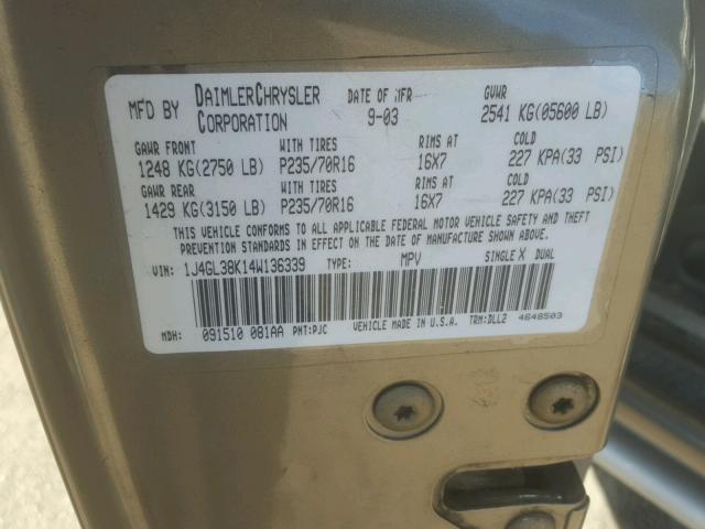 1J4GL38K14W136339 - 2004 JEEP LIBERTY RE GOLD photo 10