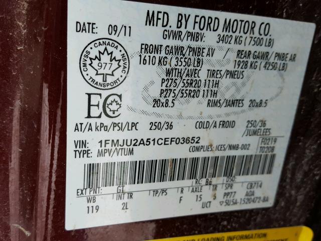 1FMJU2A51CEF03652 - 2012 FORD EXPEDITION RED photo 10