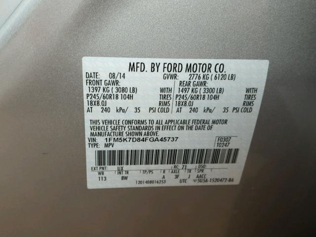 1FM5K7D84FGA45737 - 2015 FORD EXPLORER X SILVER photo 10