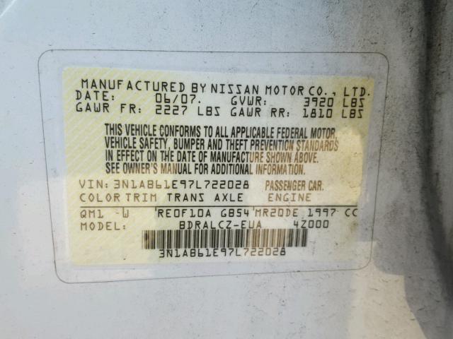 3N1AB61E97L722028 - 2007 NISSAN SENTRA 2.0 WHITE photo 10