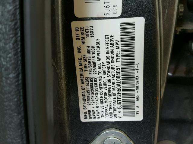 5J6TF2H50AL004051 - 2010 HONDA ACCORD CRO GRAY photo 10