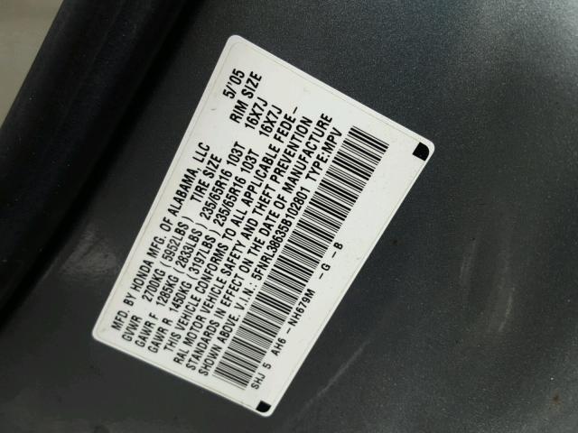 5FNRL38635B102801 - 2005 HONDA ODYSSEY EX BLUE photo 10