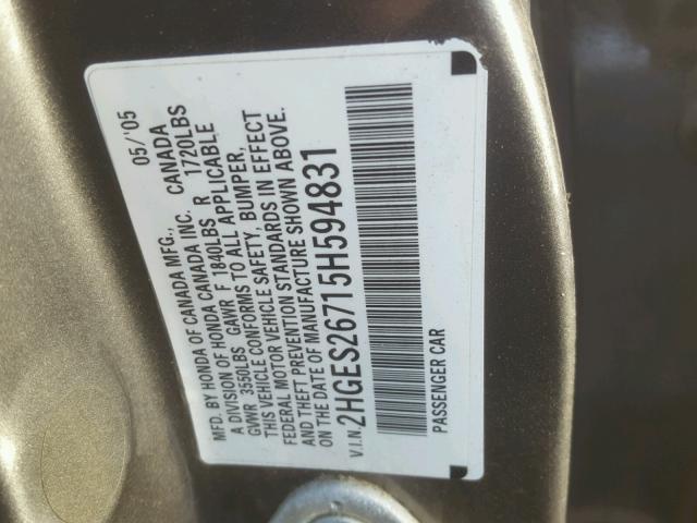 2HGES26715H594831 - 2005 HONDA CIVIC EX GRAY photo 10