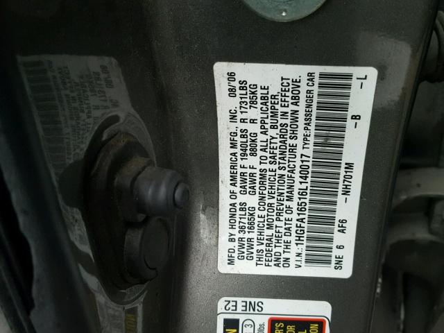 1HGFA16516L140017 - 2006 HONDA CIVIC LX GRAY photo 10