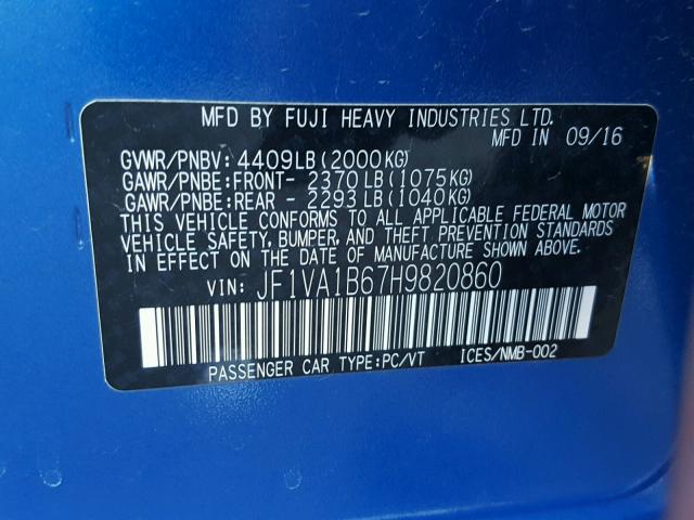 JF1VA1B67H9820860 - 2017 SUBARU WRX BLUE photo 10